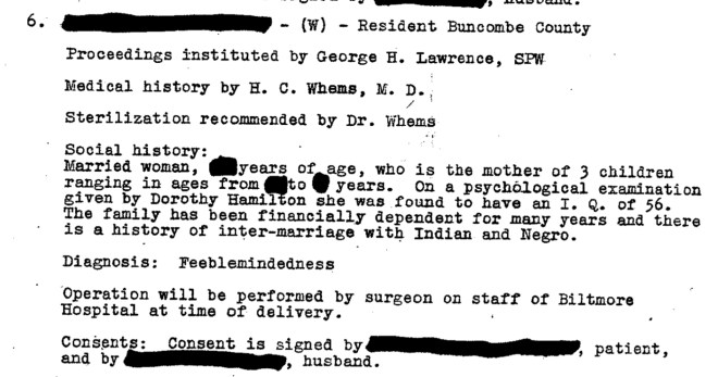 North Carolina, 1950. Board approval for the sterilization of a "feebleminded" woman. (carolinapublicpress.org)